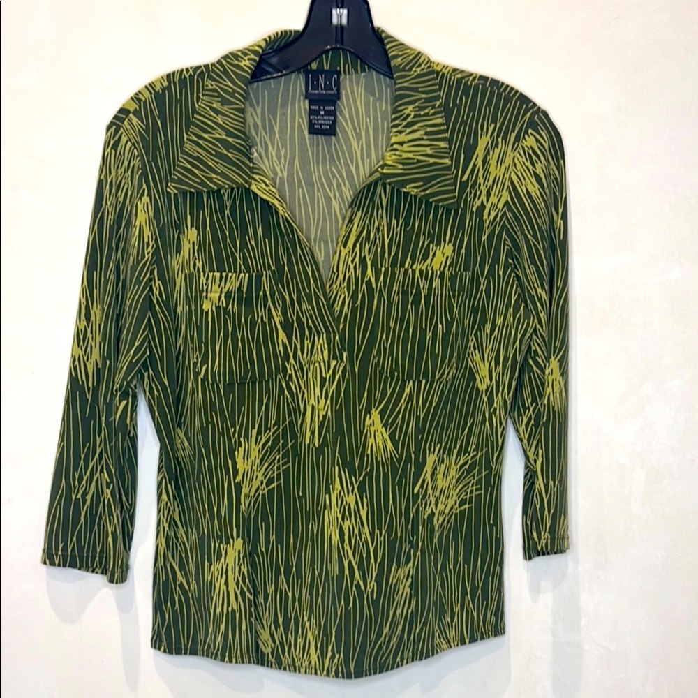 INC NWOT International Concepts Women's Olive and Lime Button Down Shirt, size M